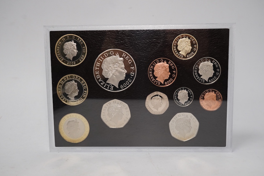 British coins, QEII, Royal Mint, 2009 UK proof coin set including scarce Kew Gardens 50p, in case of issue with certificate